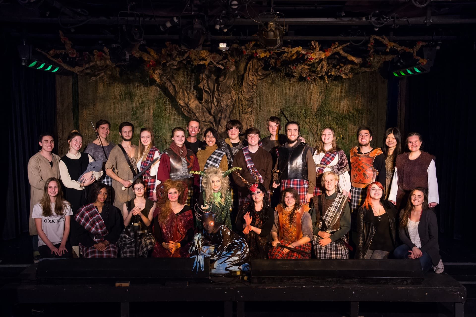 The full student cast and crew of Macbeth on the completed set