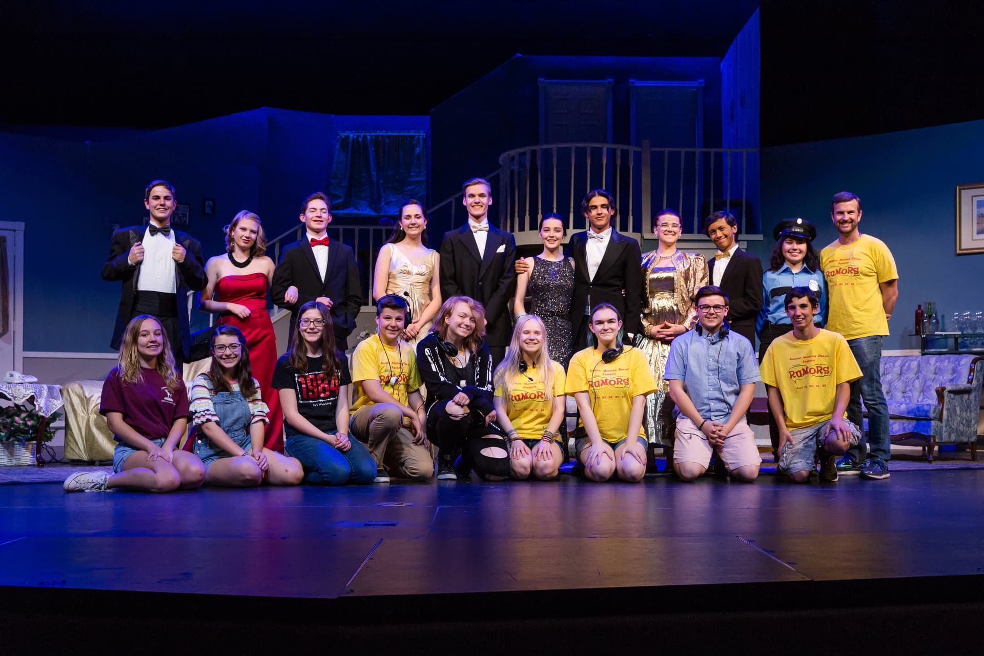 The full cast and crew of Rumors together on stage